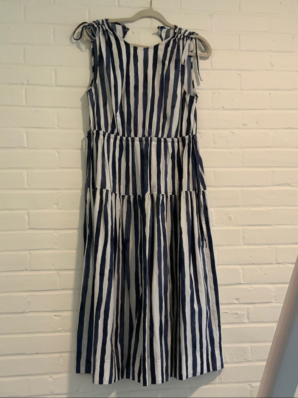 Marie Oliver Navy & White Striped Tie-Shoulder Tiered Dress